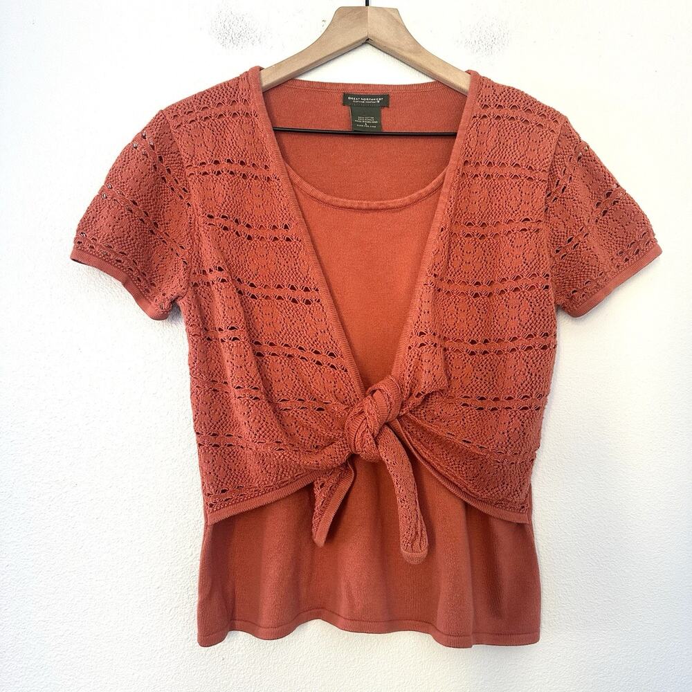 Vintage 90s Great Northwest Knit Crochet Short Sleeve Sweater Tie Front Sz L